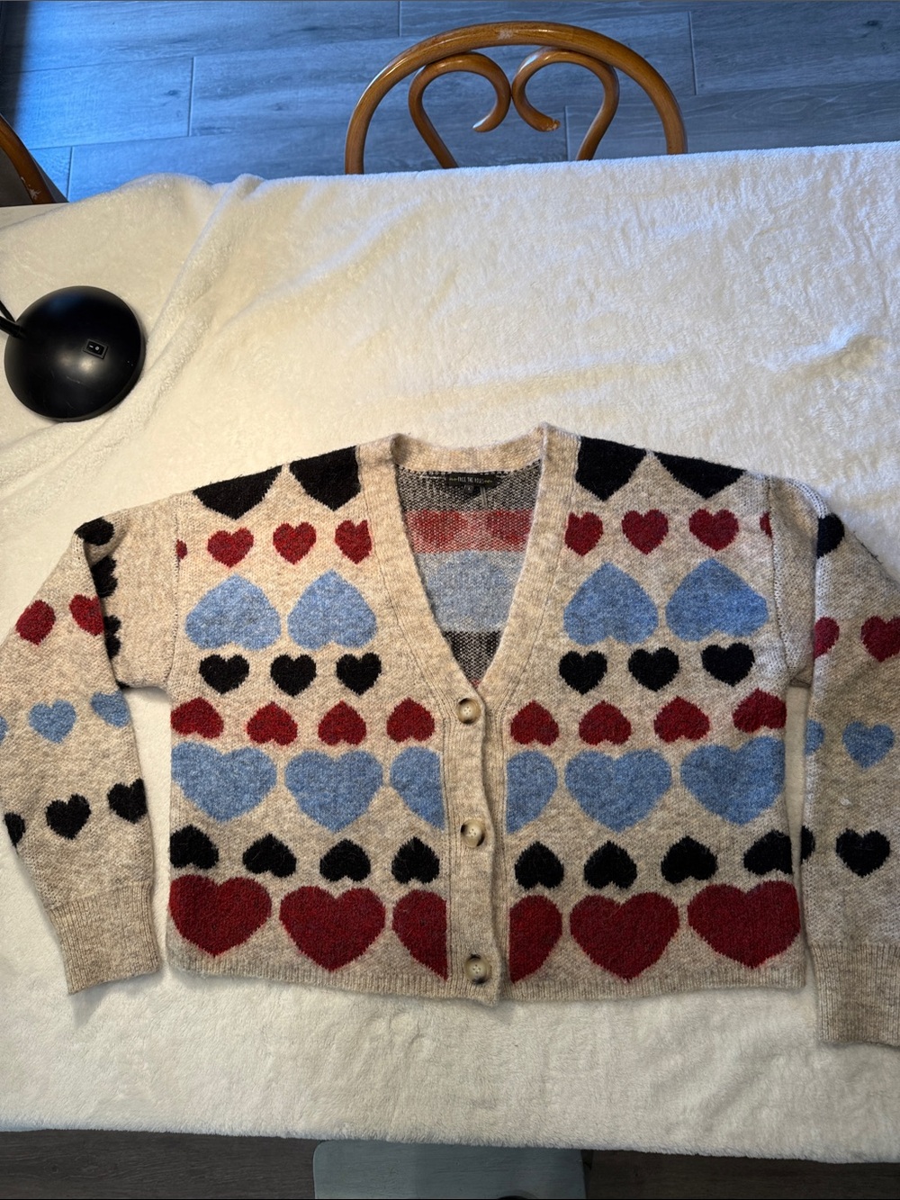 Free the Roses Beige Cardigan with Red, Blue & Black Heart Pattern